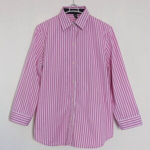 Lauren Ralph Lauren Pink Striped 3/4 Sleeve Button Up Shirt Women's XL Navy Trim